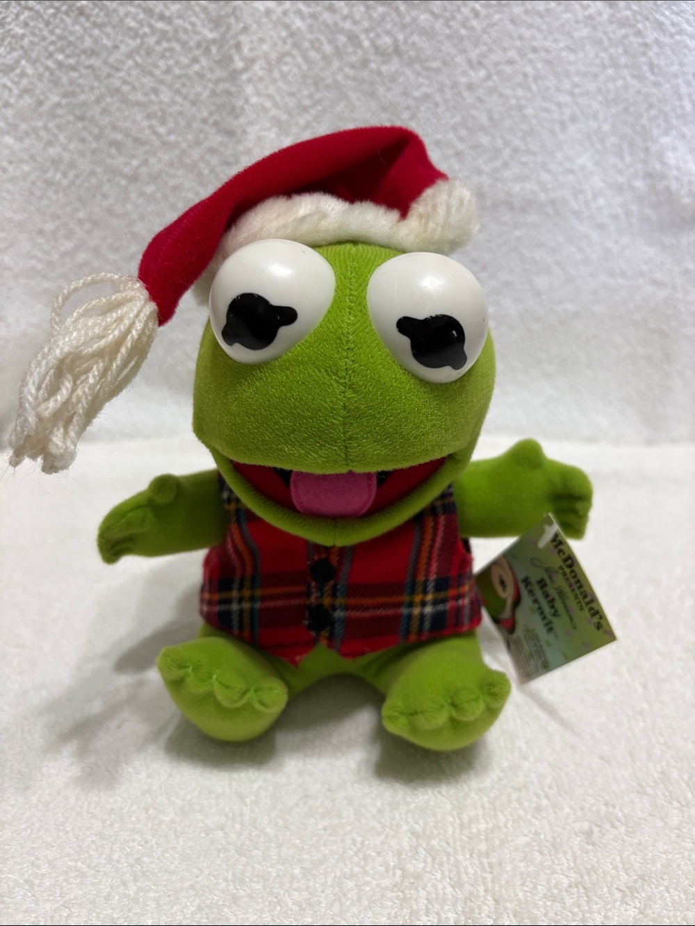 McDonald's Green Frog Plush with Red Santa Hat and Tartan Vest